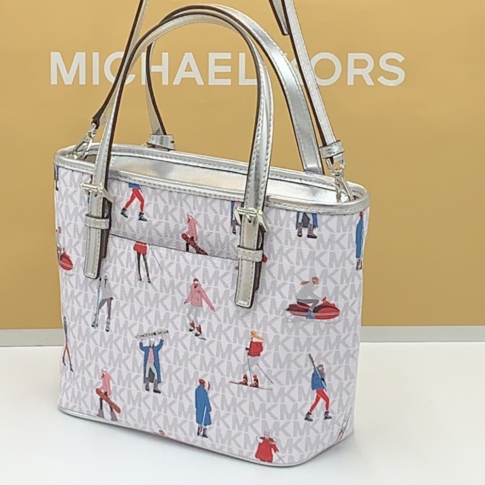 Michael Kors Jet Set Girls Print Bright White Signature XS Carryall Top Zip Tote - Picture 4 of 16